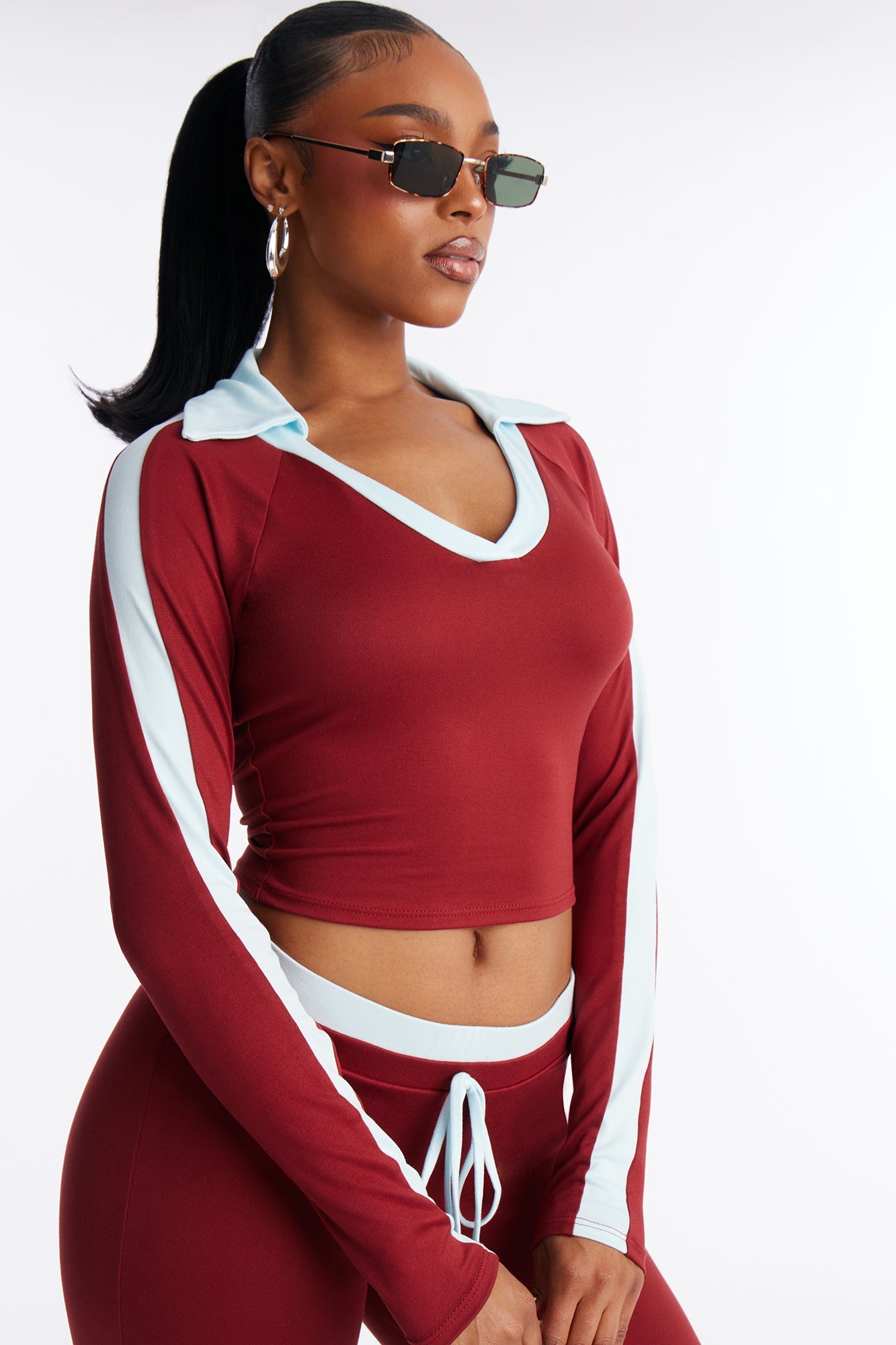 Zoe Contrast Trim Flare Leg Pant Set - Burgundy/combo