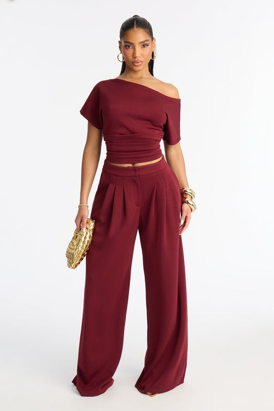 Alina Off Shoulder Wide Leg Pant Set - Burgundy