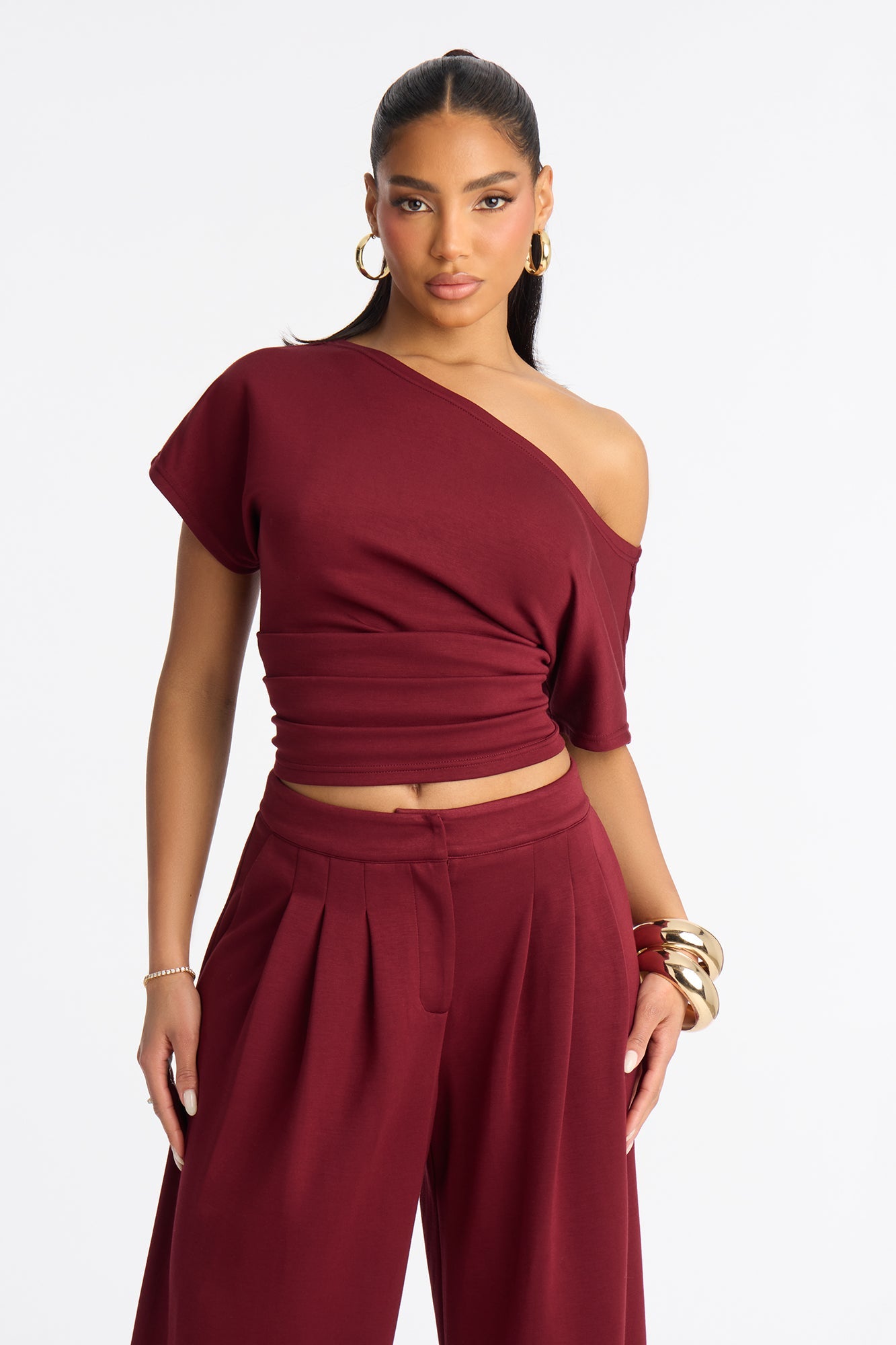 Alina Off Shoulder Wide Leg Pant Set - Burgundy