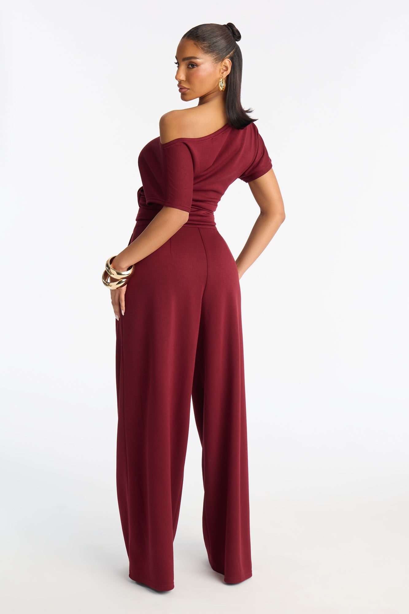 Alina Off Shoulder Wide Leg Pant Set - Burgundy