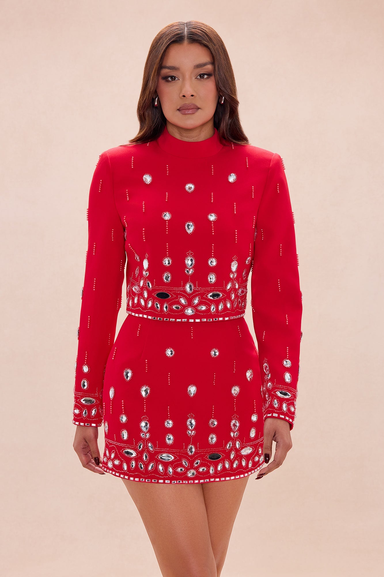 Draya Rhinestone Embellished Skirt Set - DarkRed