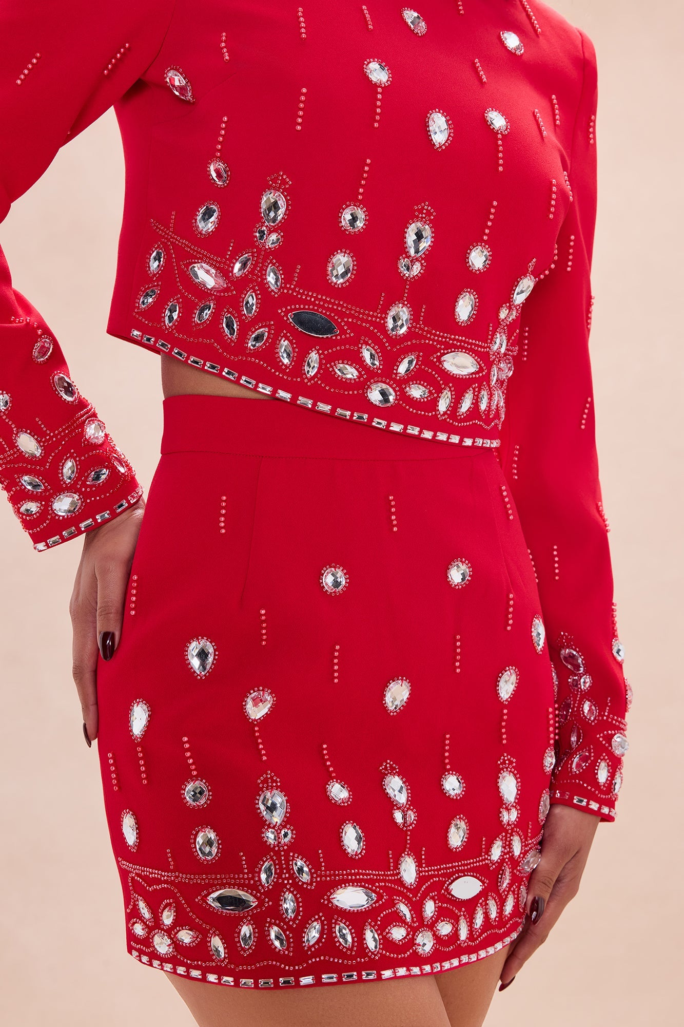 Draya Rhinestone Embellished Skirt Set - DarkRed