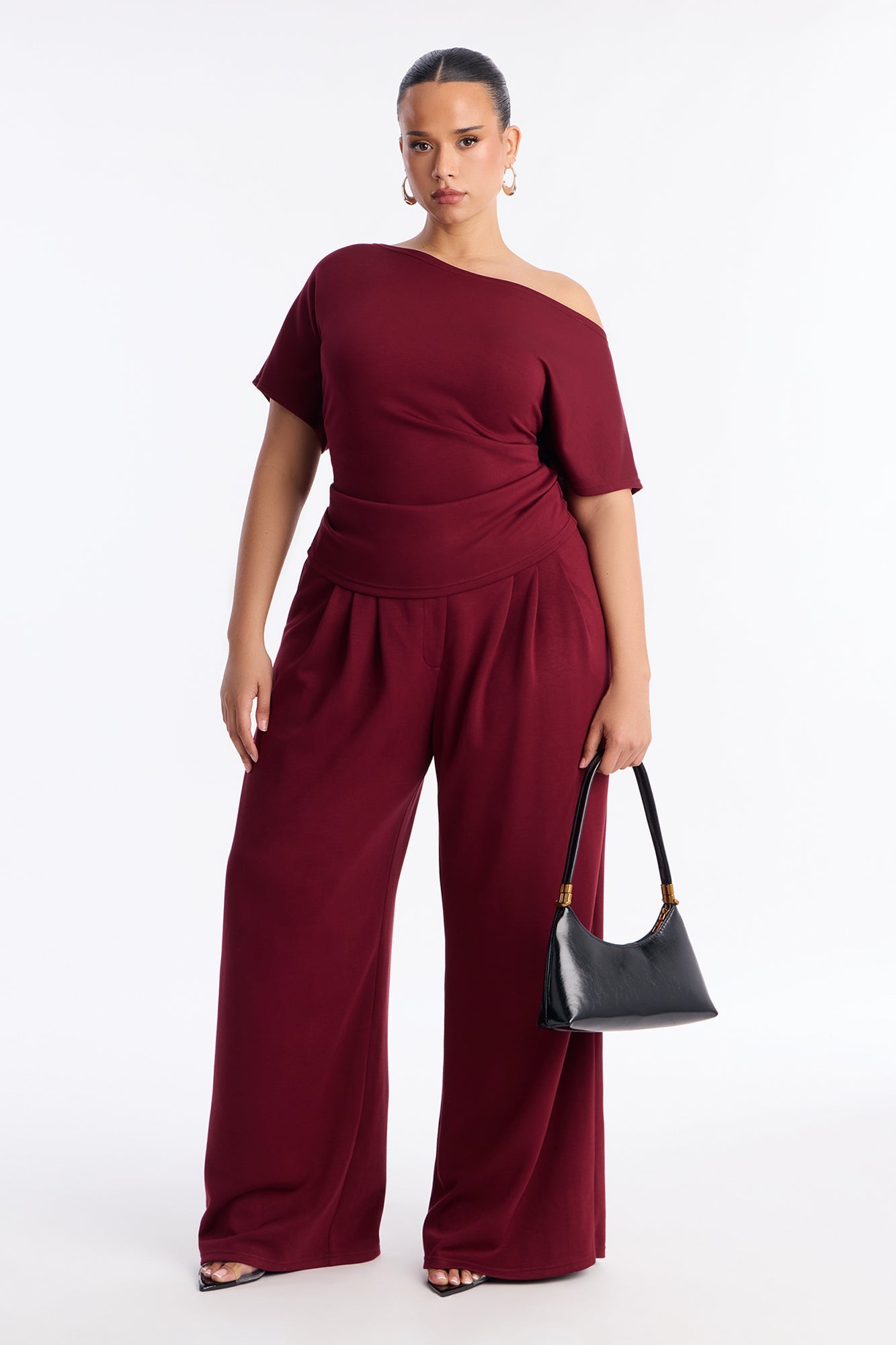 Alina Off Shoulder Wide Leg Pant Set - Burgundy