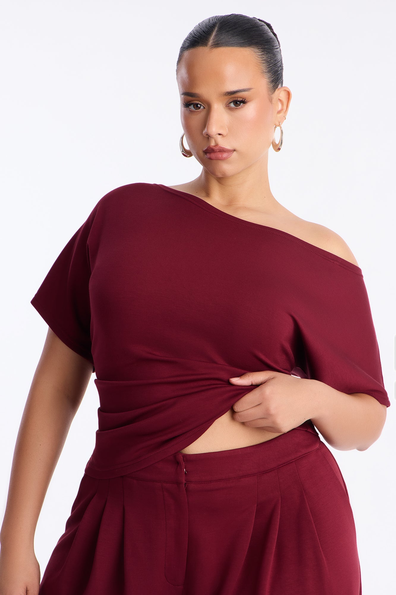 Alina Off Shoulder Wide Leg Pant Set - Burgundy