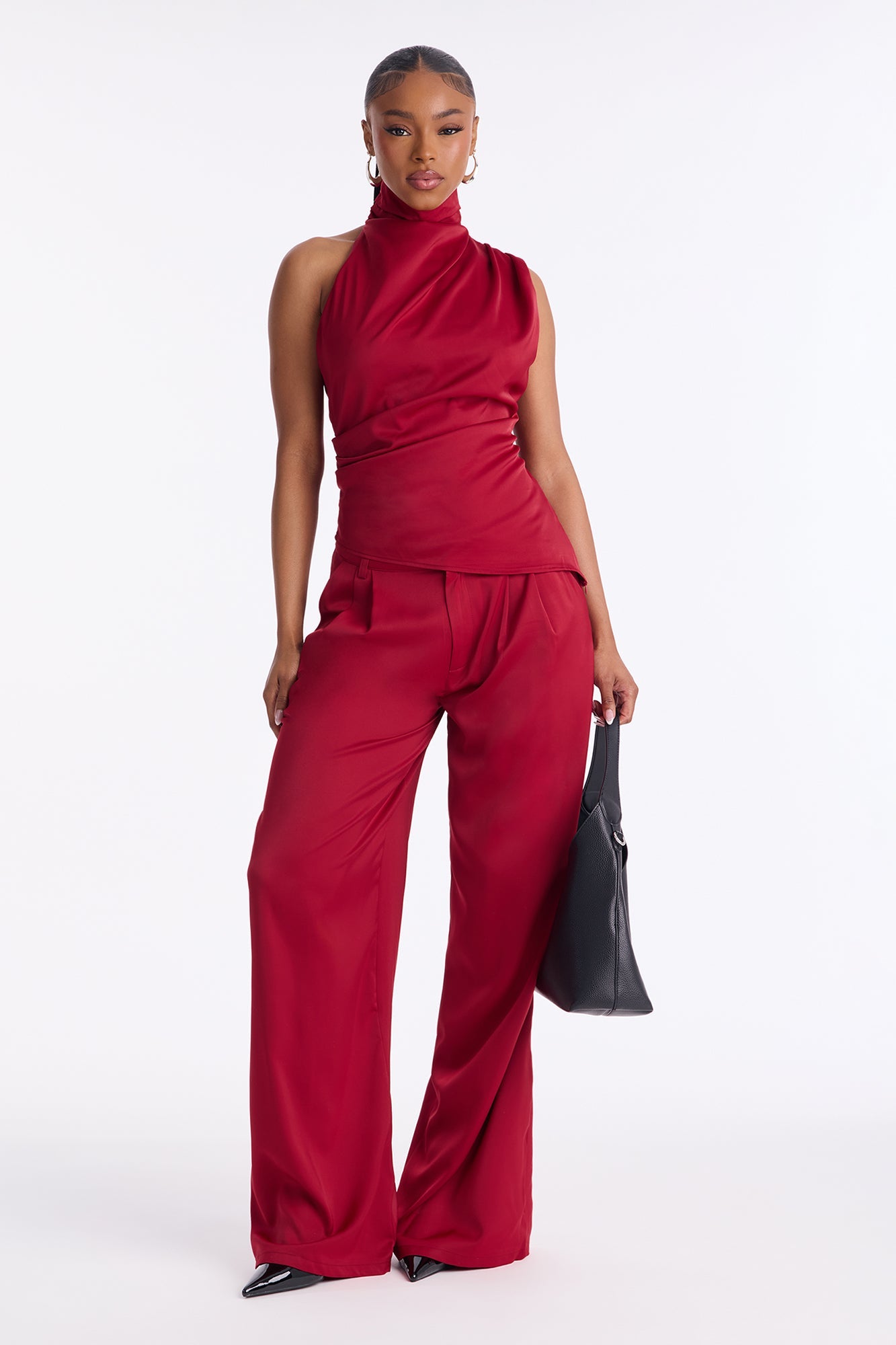 Very Sleek Satin Pant Set - Wine