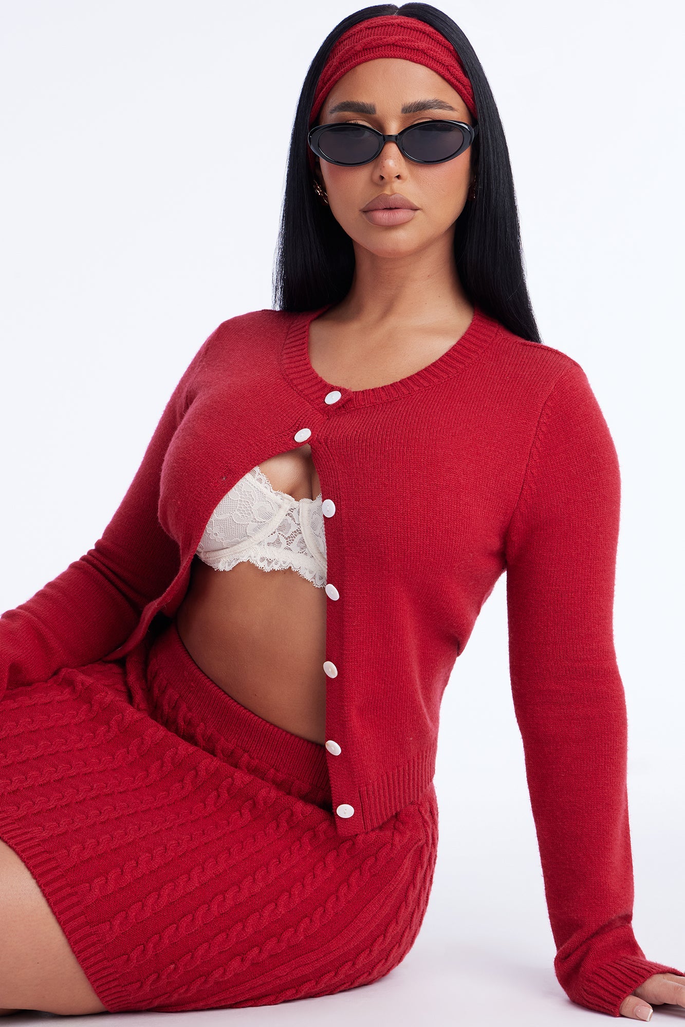 Karmen Sweater 3 Piece Skirt Set - Red