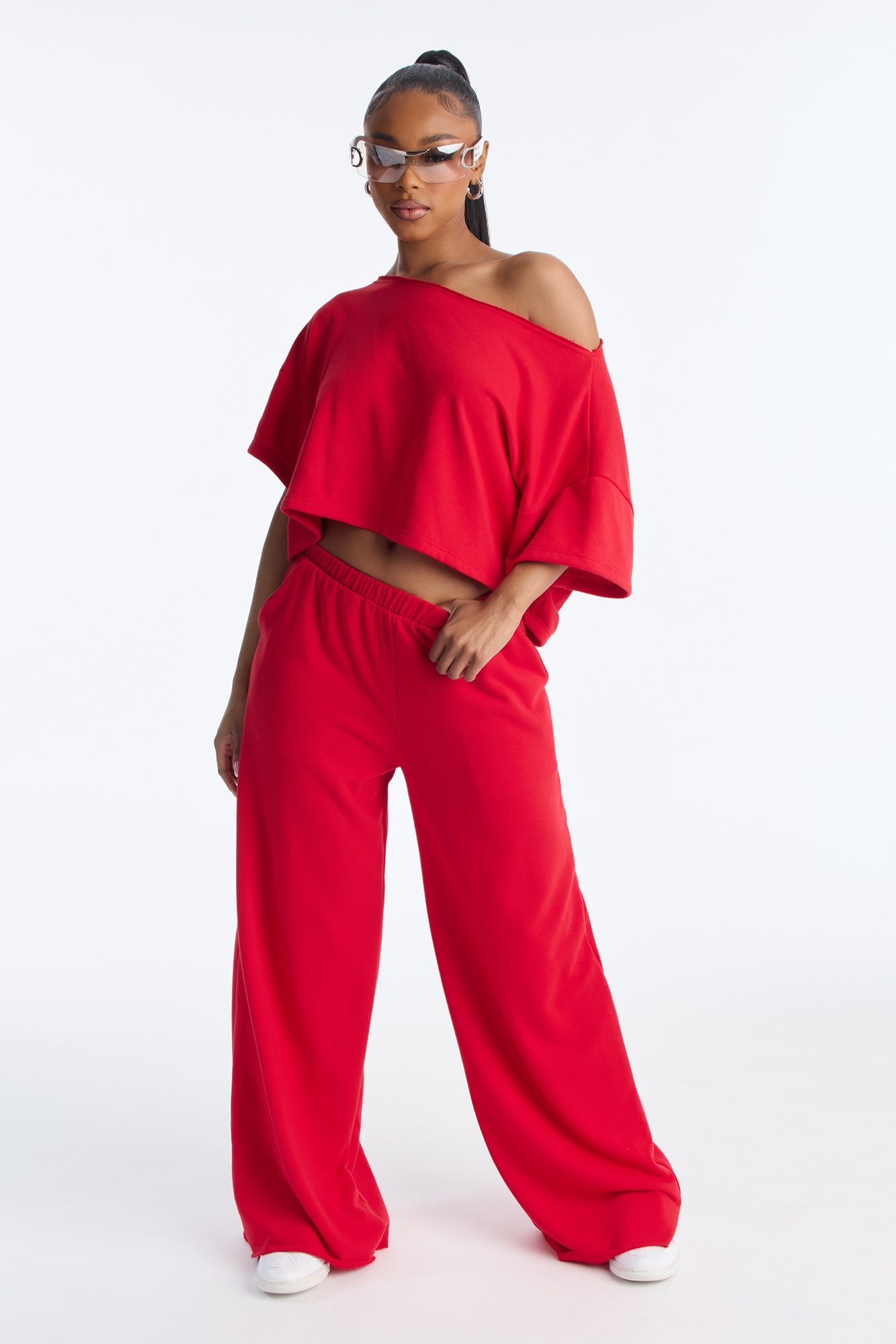 Chill Status Off Shoulder Pant Set - Red