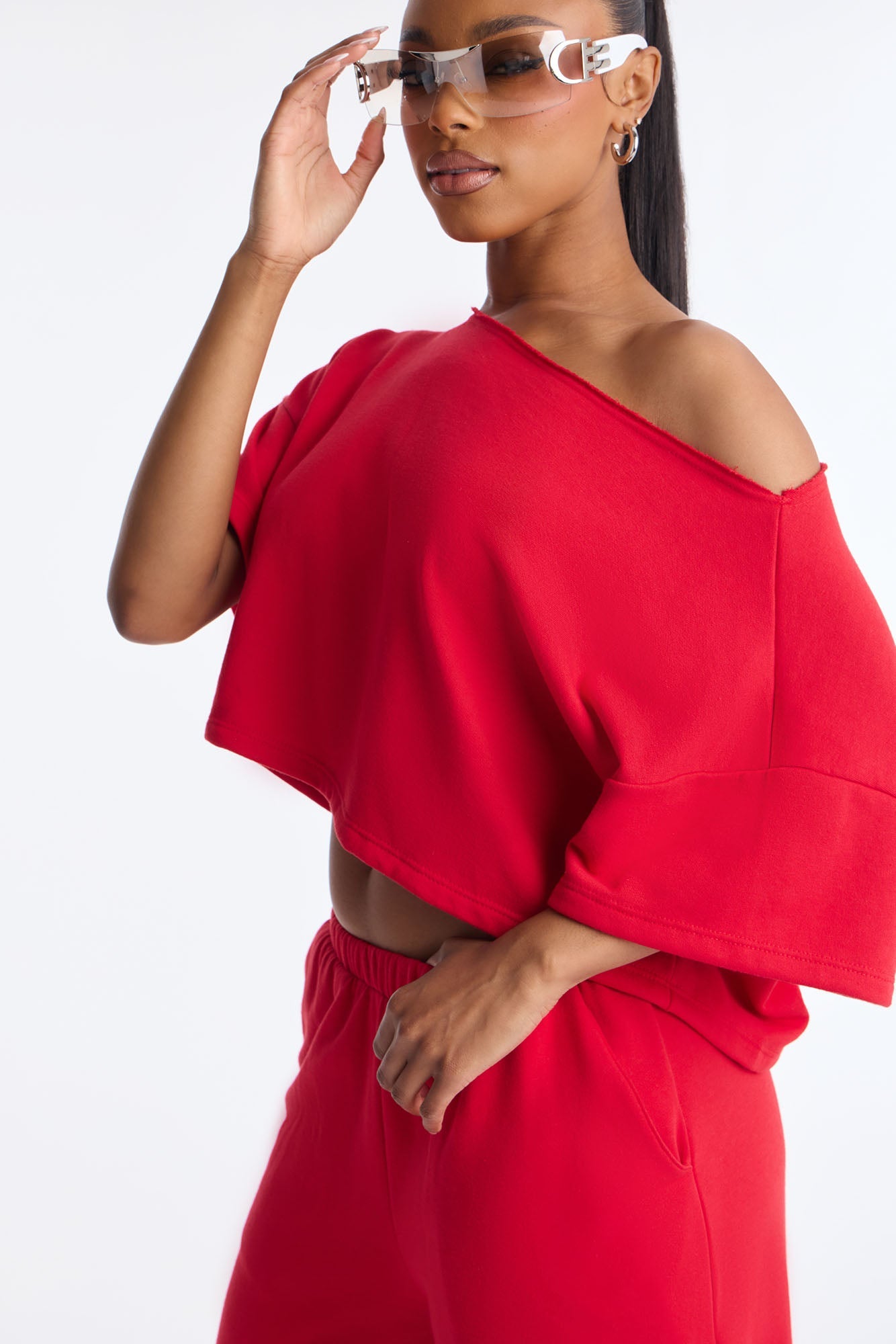 Chill Status Off Shoulder Pant Set - Red