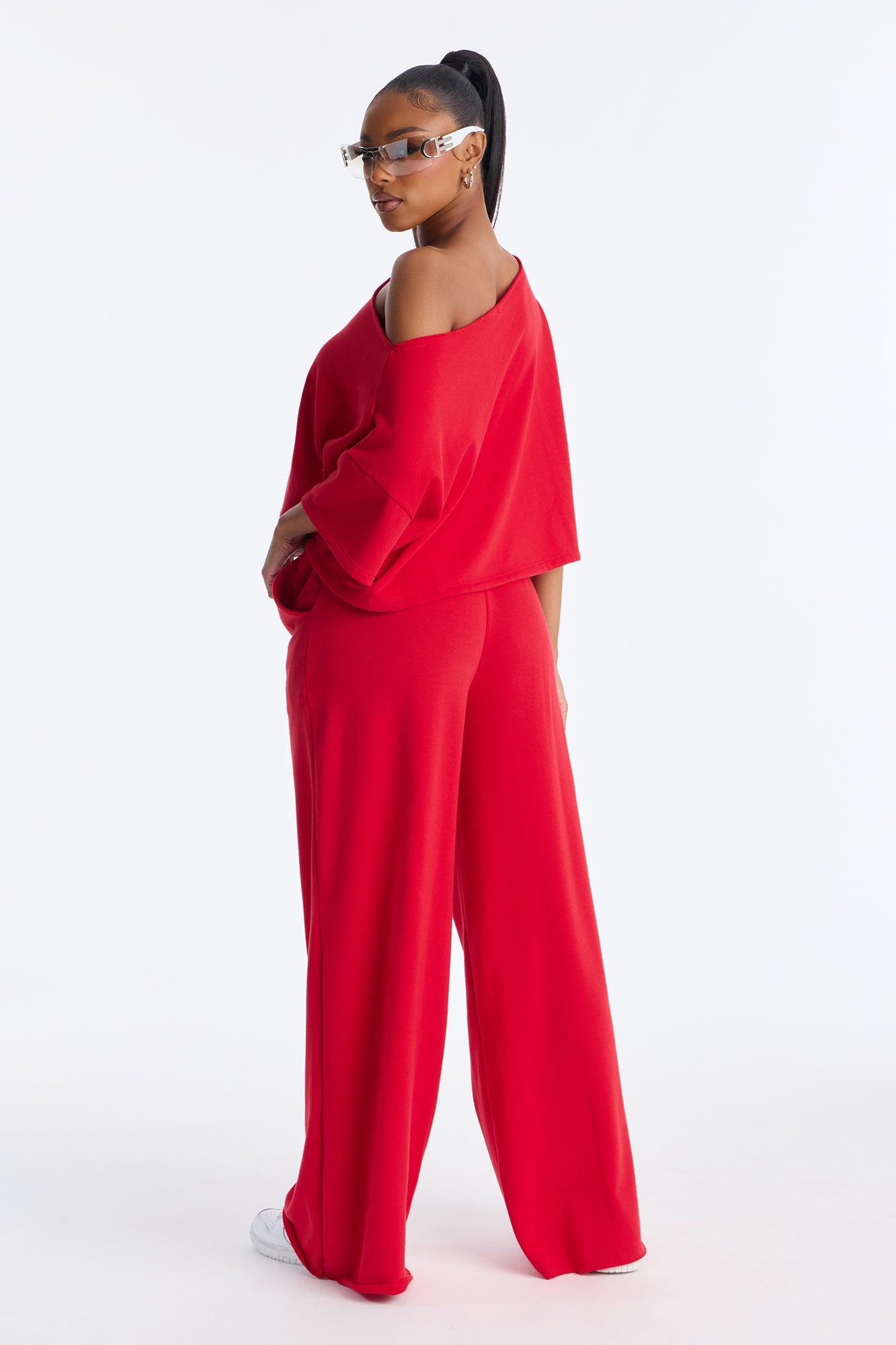 Chill Status Off Shoulder Pant Set - Red
