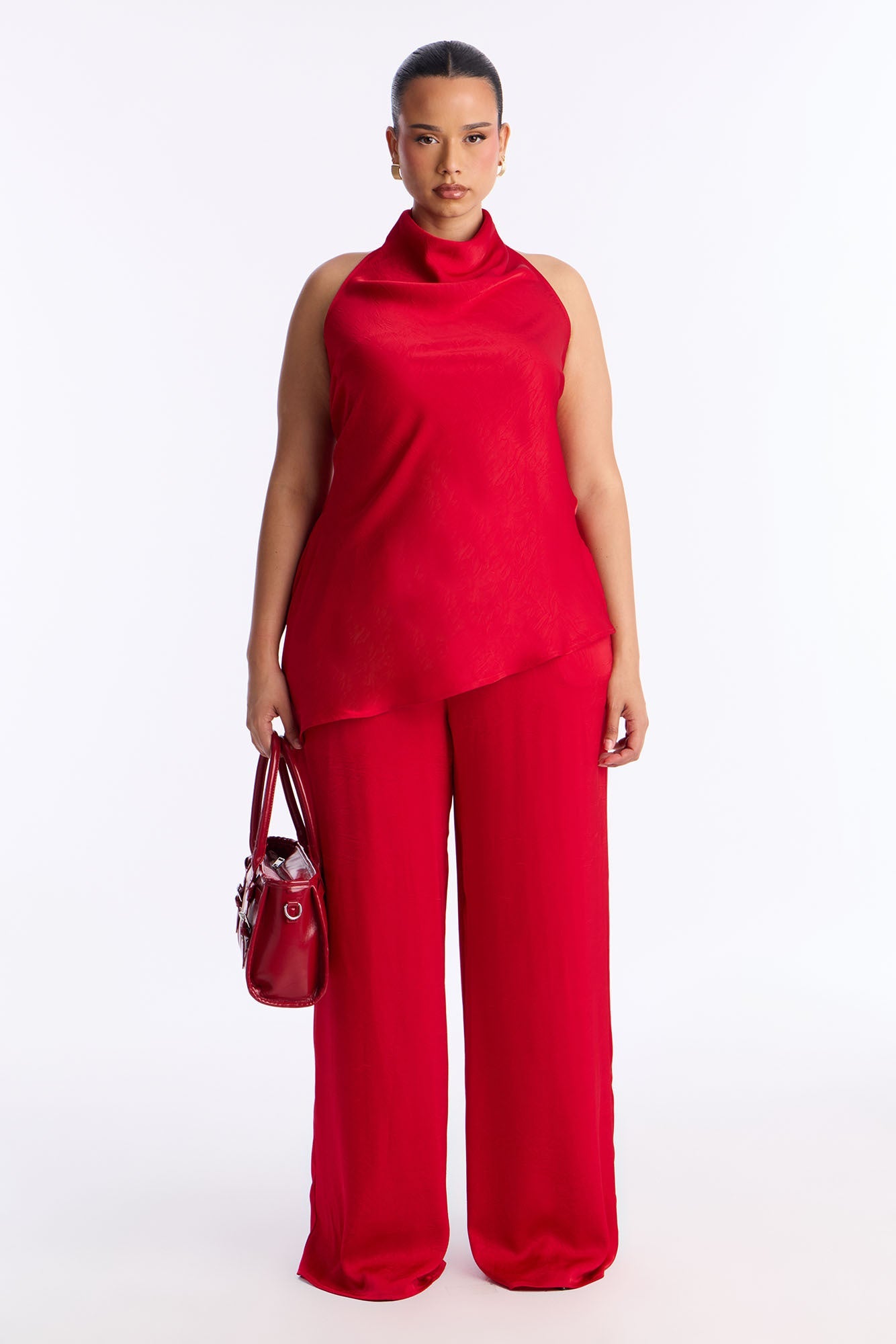 Claire Satin Cowl Neck Pant Set - Red