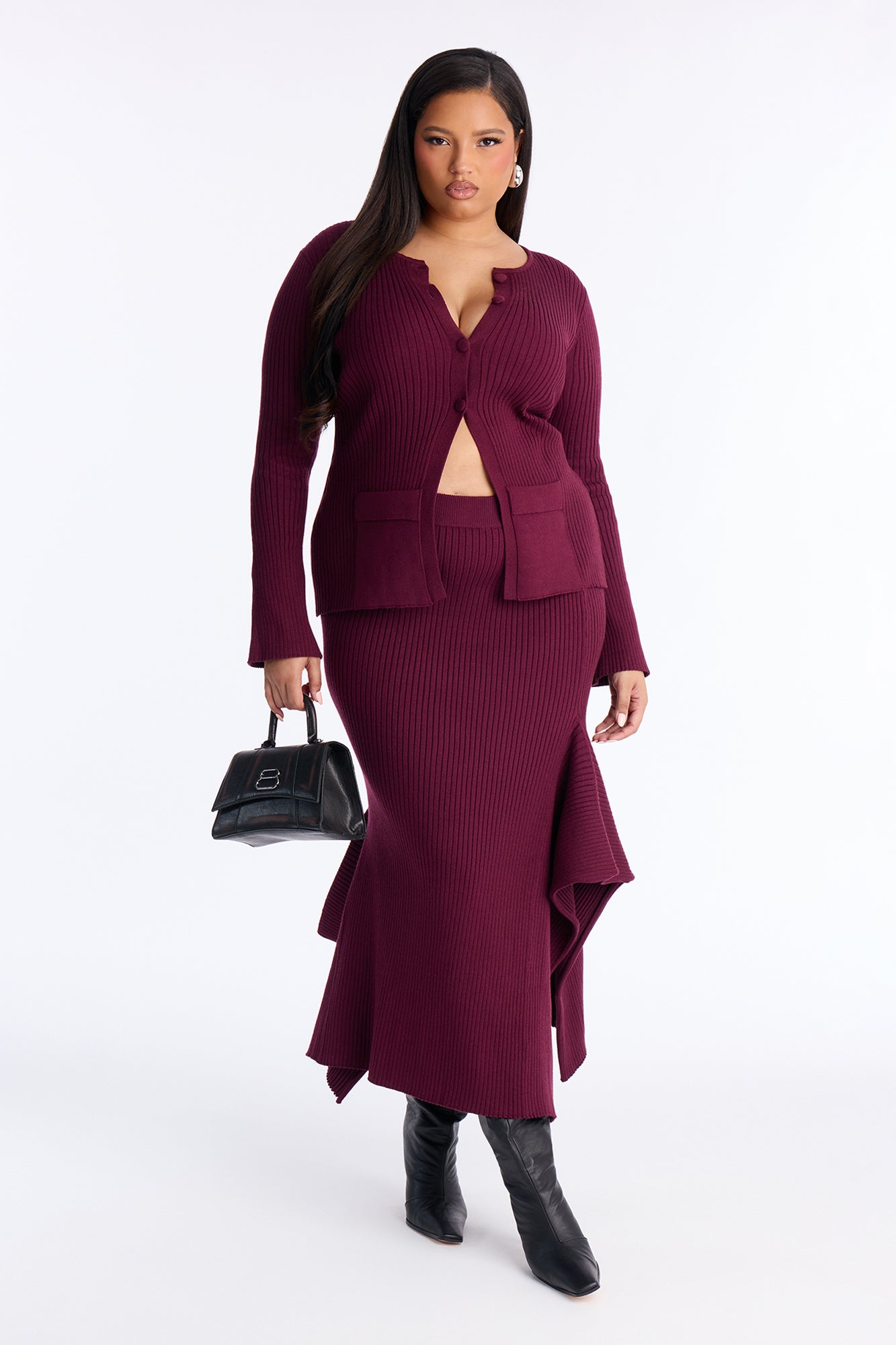 Sway Away Sweater Asymmetrical Maxi Skirt Set - Burgundy