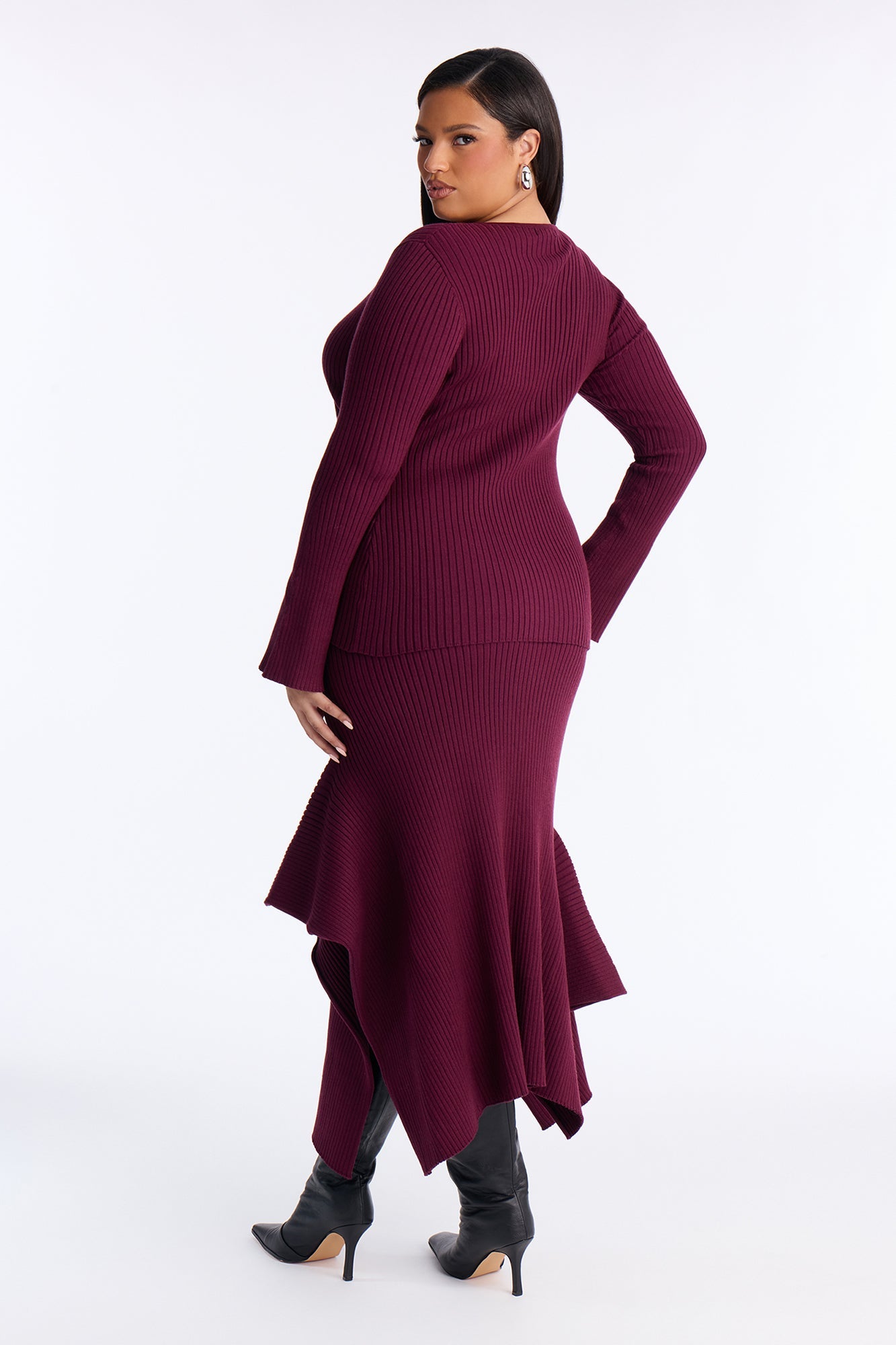 Sway Away Sweater Asymmetrical Maxi Skirt Set - Burgundy
