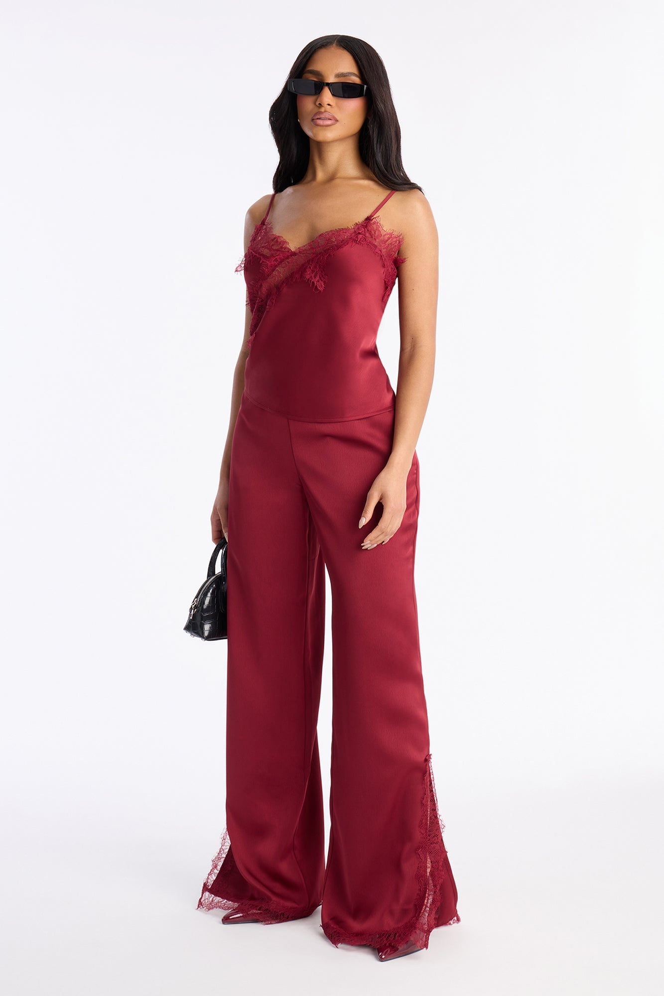 Araiza Satin Lace Trim Pant Set - Burgundy