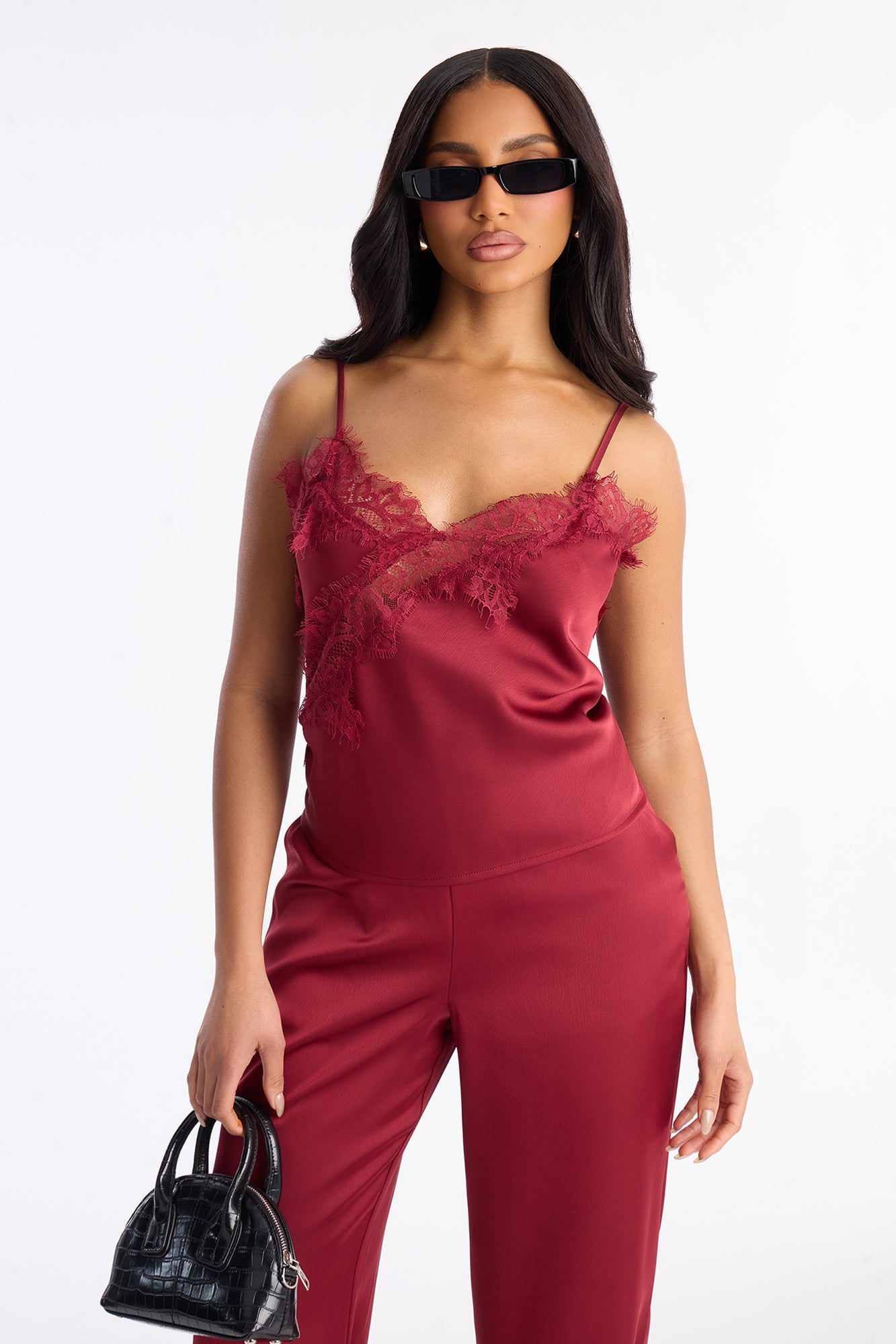 Araiza Satin Lace Trim Pant Set - Burgundy