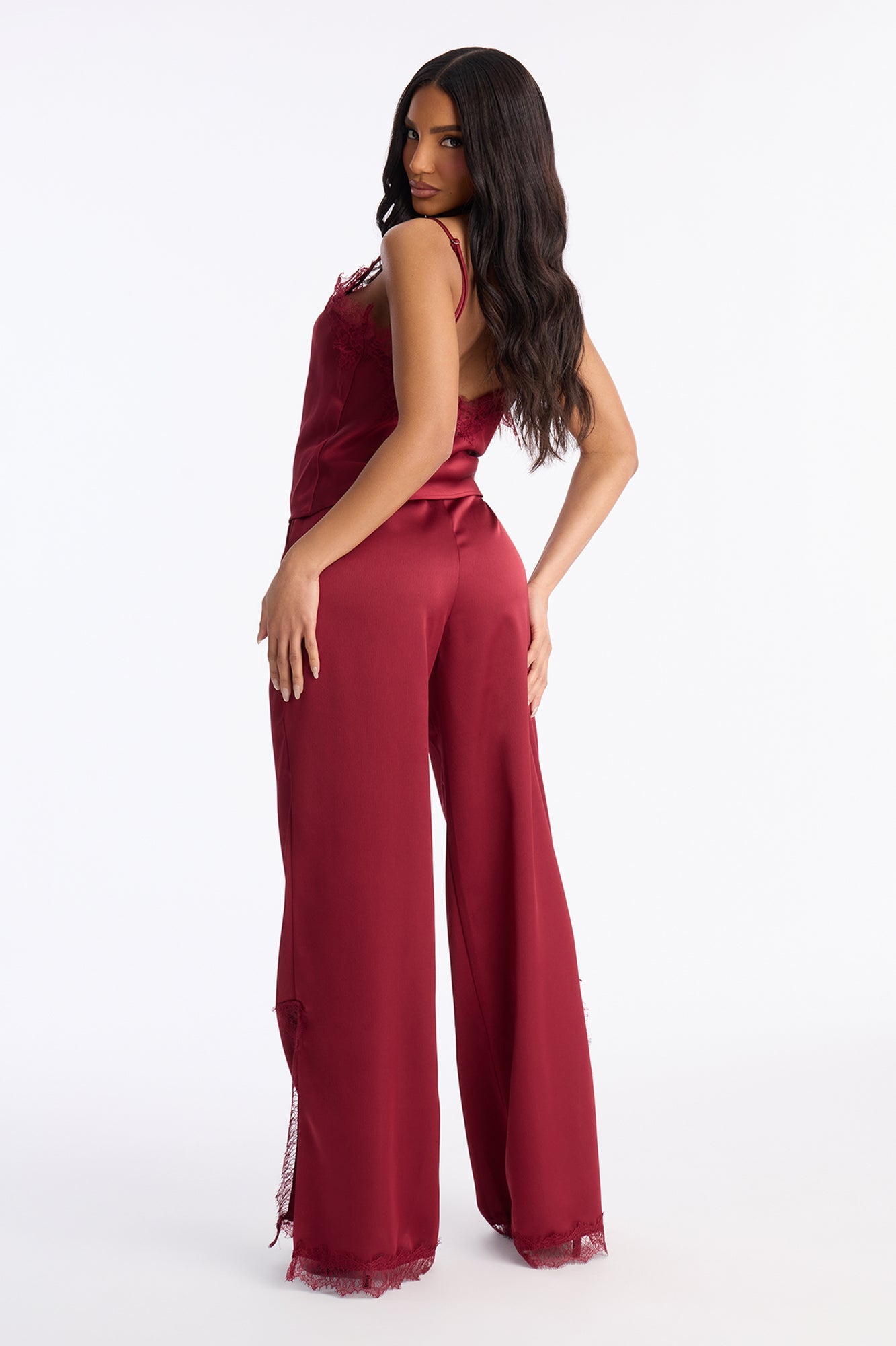 Araiza Satin Lace Trim Pant Set - Burgundy