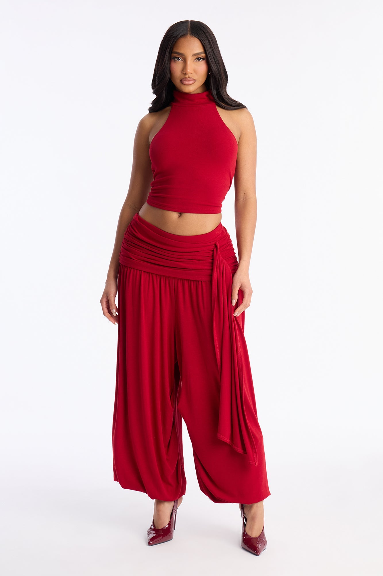 Anya Mock Neck Balloon Pant Set - Red