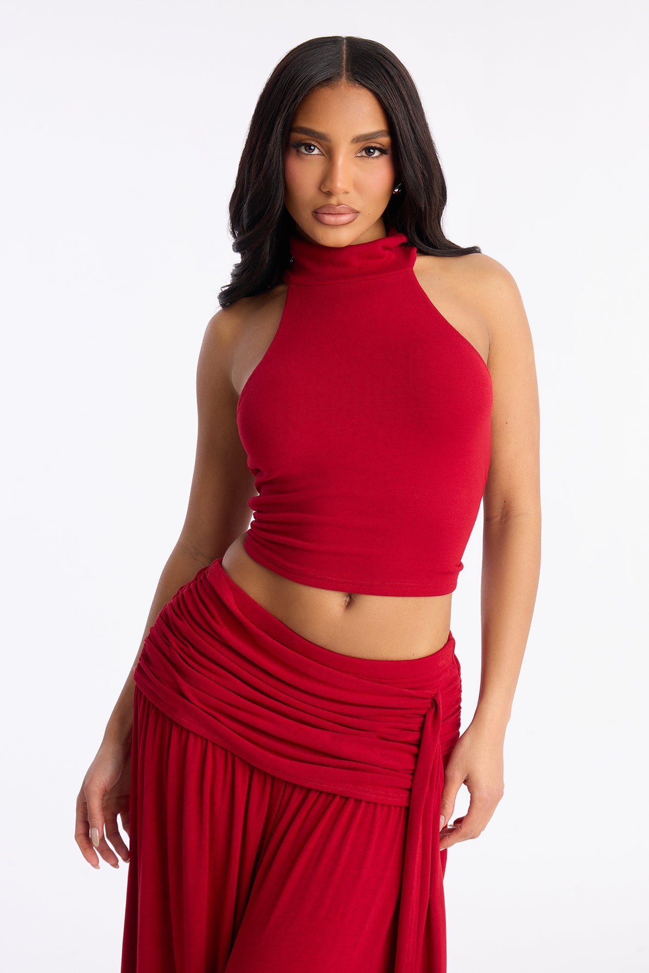 Anya Mock Neck Balloon Pant Set - Red
