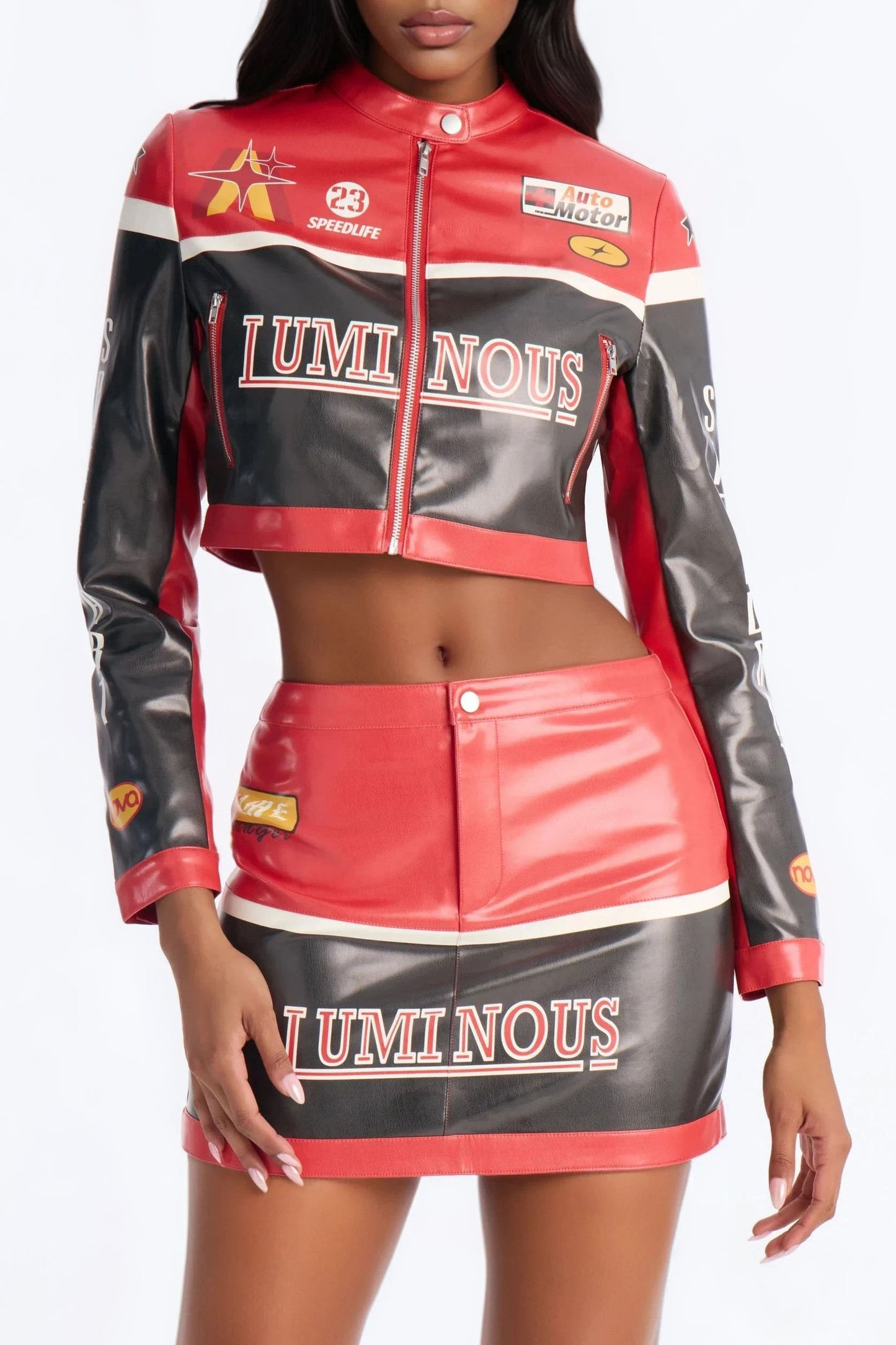 Luminous Motion Faux Leather Skirt Set - Red/combo