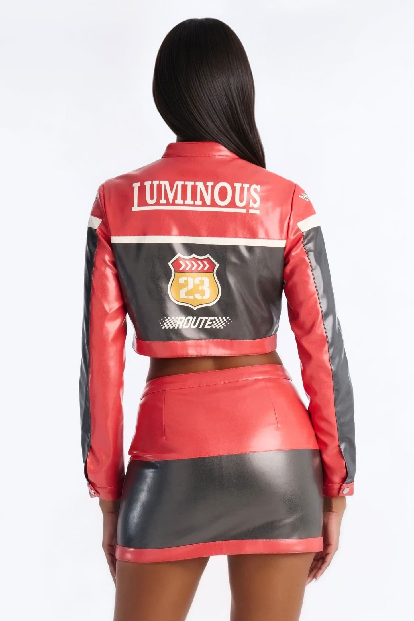 Luminous Motion Faux Leather Skirt Set - Red/combo