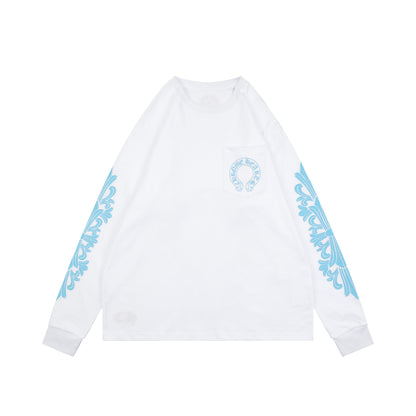 Chrome Hearts Cross Floral Arm Sanskrit Scroll Print Long Sleeve White Blue