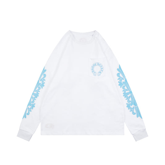 Chrome Hearts Cross Floral Arm Sanskrit Scroll Print Long Sleeve White Blue