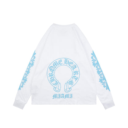 Chrome Hearts Cross Floral Arm Sanskrit Scroll Print Long Sleeve White Blue