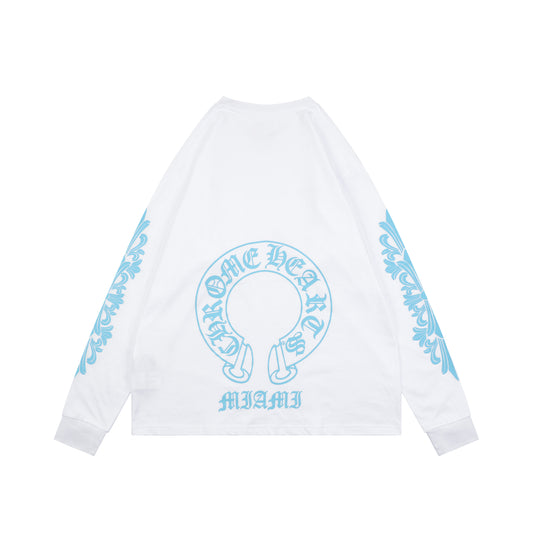 Chrome Hearts Cross Floral Arm Sanskrit Scroll Print Long Sleeve White Blue