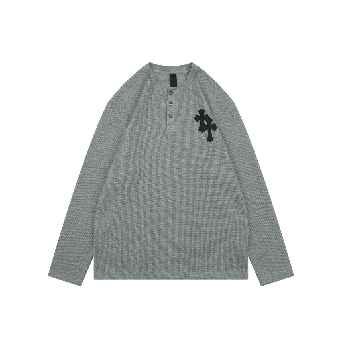 Chrome Hearts Cross Leather Patch Waffle Knit Henley Long Sleeve Gray