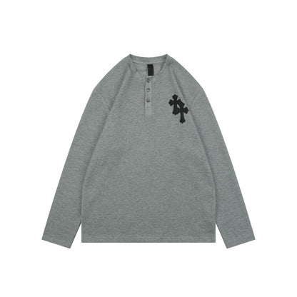 Chrome Hearts Cross Leather Patch Waffle Knit Henley Long Sleeve Gray