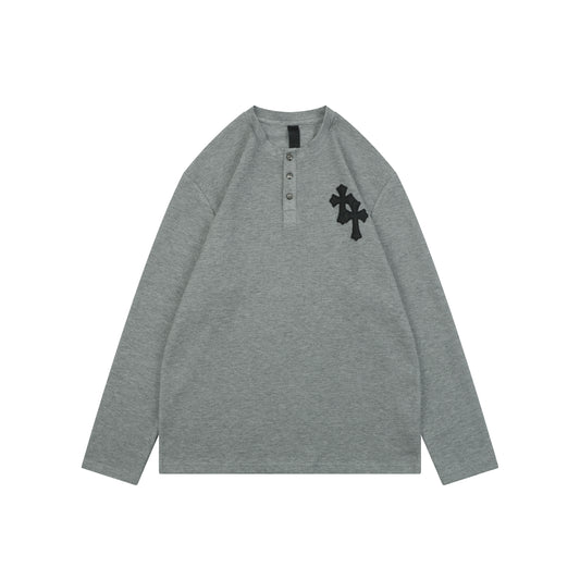Chrome Hearts Cross Leather Patch Waffle Knit Henley Long Sleeve Gray