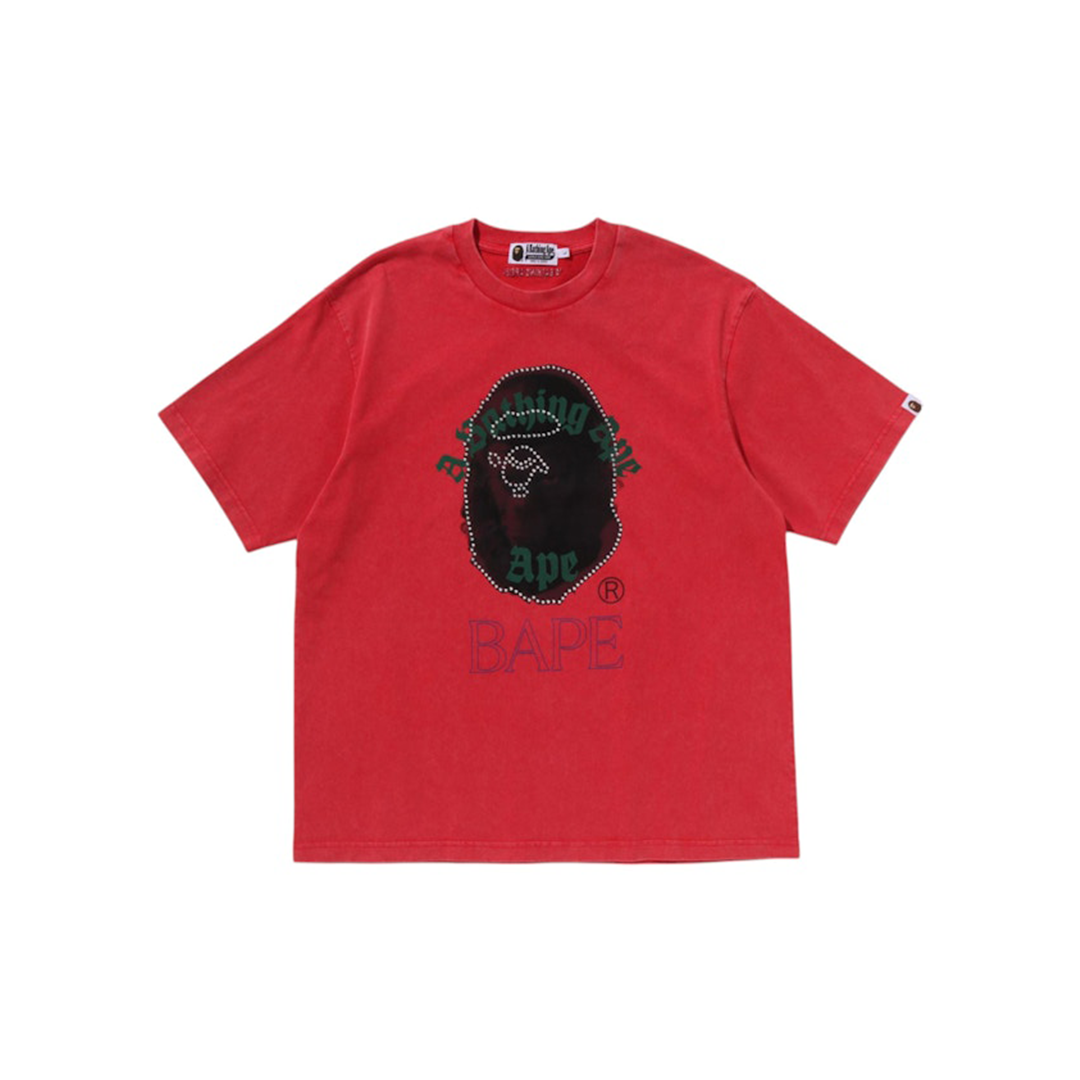 A Bathing Ape Garment Dye Rhinestone Ape Head Relaxed Fit Tee Red | 1L30-109-309