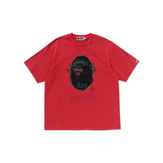 A Bathing Ape Garment Dye Rhinestone Ape Head Relaxed Fit Tee Red | 1L30-109-309