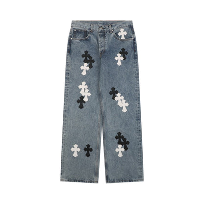 Chrome Hearts Black White Cross Patchwork Denim Pants