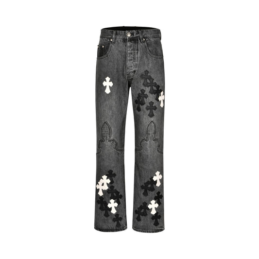Chrome Hearts Limited Flame Leather Patch Denim Pants