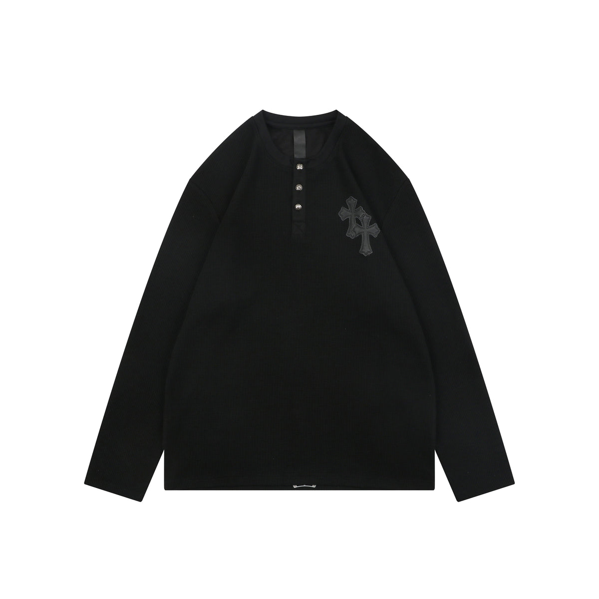 Chrome Hearts Cross Leather Patch Waffle Knit Henley Long Sleeve Black