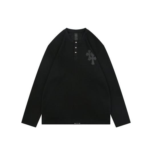 Chrome Hearts Cross Leather Patch Waffle Knit Henley Long Sleeve Black